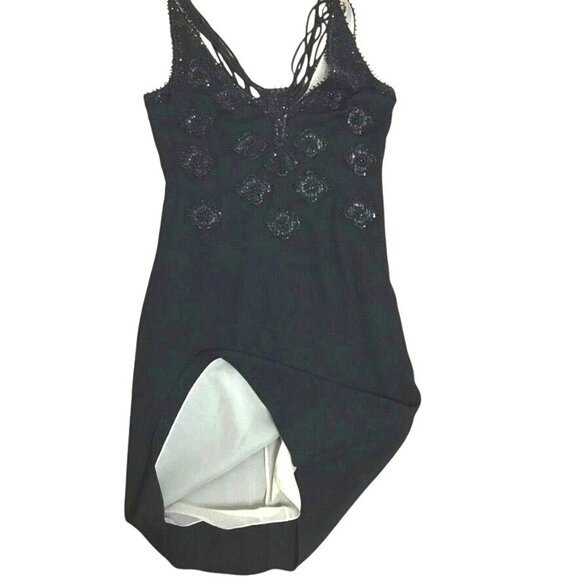 Vintage BADGLEY MISCHKA Triple V Neck Hand Beaded Silk Black Cocktail Dress 8 - Picture 8 of 10
